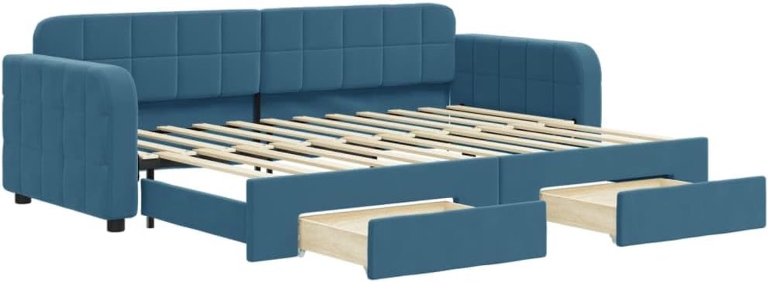 Dagbed, logeerbed, familiebed, uittrekbaar met laden, blauw, 80 x 200 cm, fluweel, voor slaapkamer, logeerkamer