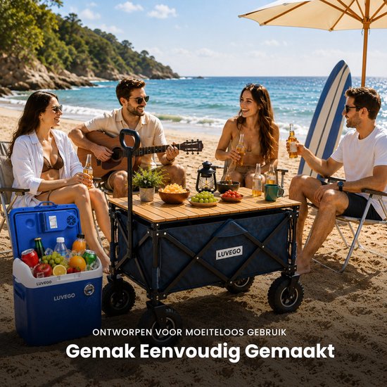 Luvego Bolderkar Opvouwbaar Met Tafel | 150 kg Draagkracht | 165 Liter | Bolderwagen | Met Remmen | Verstelbaar Handvat | Offroadwielen | 360° Wielen | Strand, Camping & Festival | Blauw — afbeelding 3