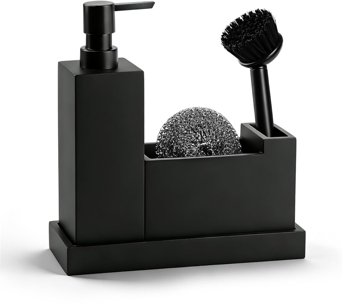 Famanu – Keuken Organizer gootsteen - gootsteen organizer van matzwarte kunststeen - bestaande uit dispenser, schaal en contianer - incl. zeepdispenser en metalen spons