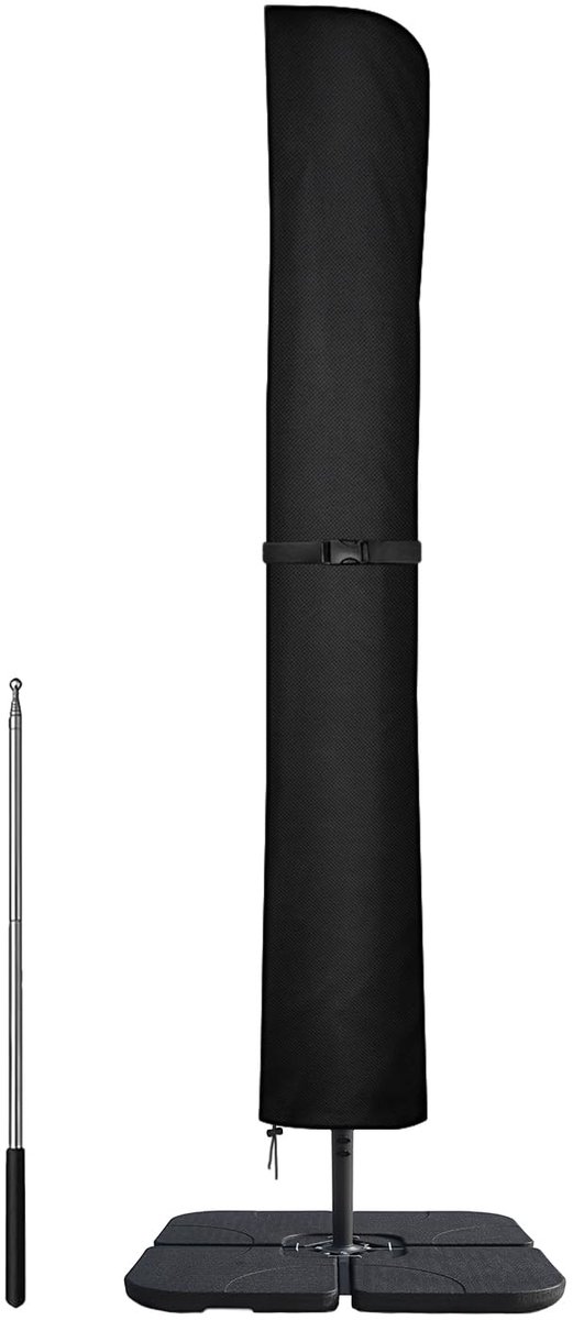 Famanu Zonnescherm beschermhoes met ventilatieopeningen, afdekking voor parasol, tot ca. 400cm Ø, weerbestendig, UV-bestendig, sneeuwbestendig, 600D Oxford zonnescherm hoes met staaf (240x58/58cm) wit