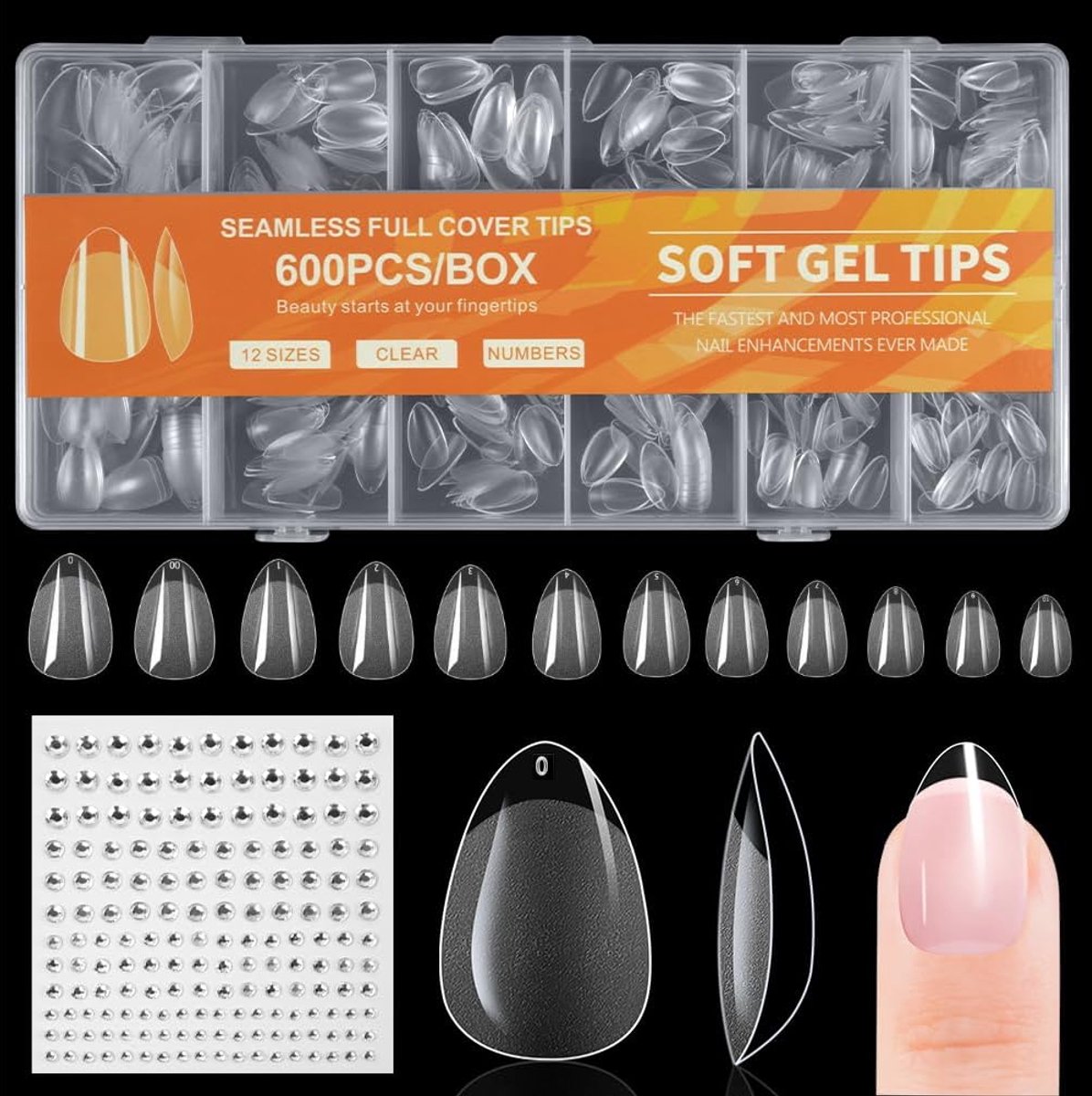 nepnagels tips, zachte gel volledige dekking nagel tip, heldere acrylnagels tips, nagelverlengingsset voor DIY manicure nagelkunst salon(600 stuks half-gematteerde amandeltype）