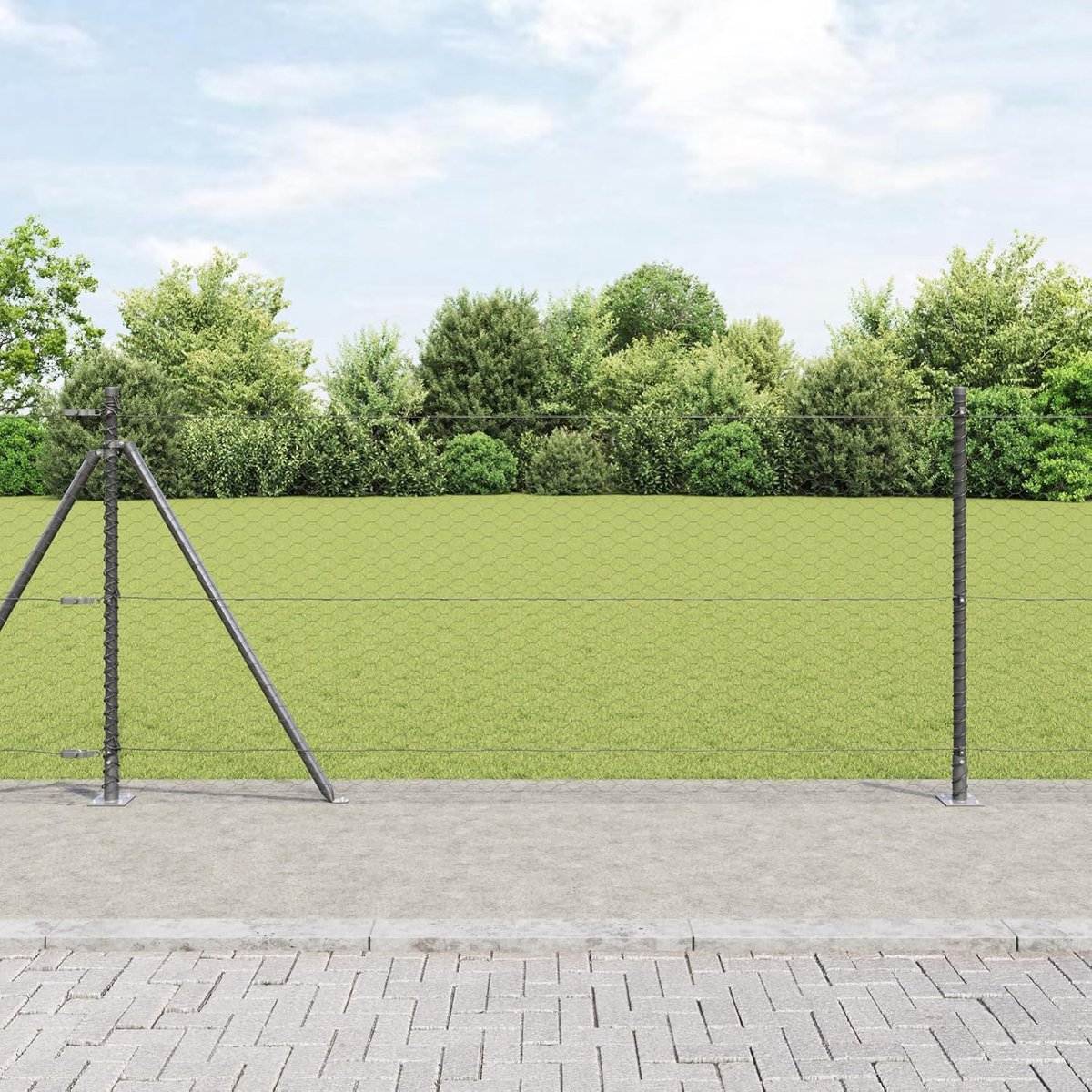 Zeshoekig hek grijs 0,8 x 25 m staal, hekpalen met bodemplaten 13 stuks Ø 32 mm 90 cm roestvrij staal, tuinhekken draadhekken voor hekken, groentebedden, kippenren, weideperceel, 3353655