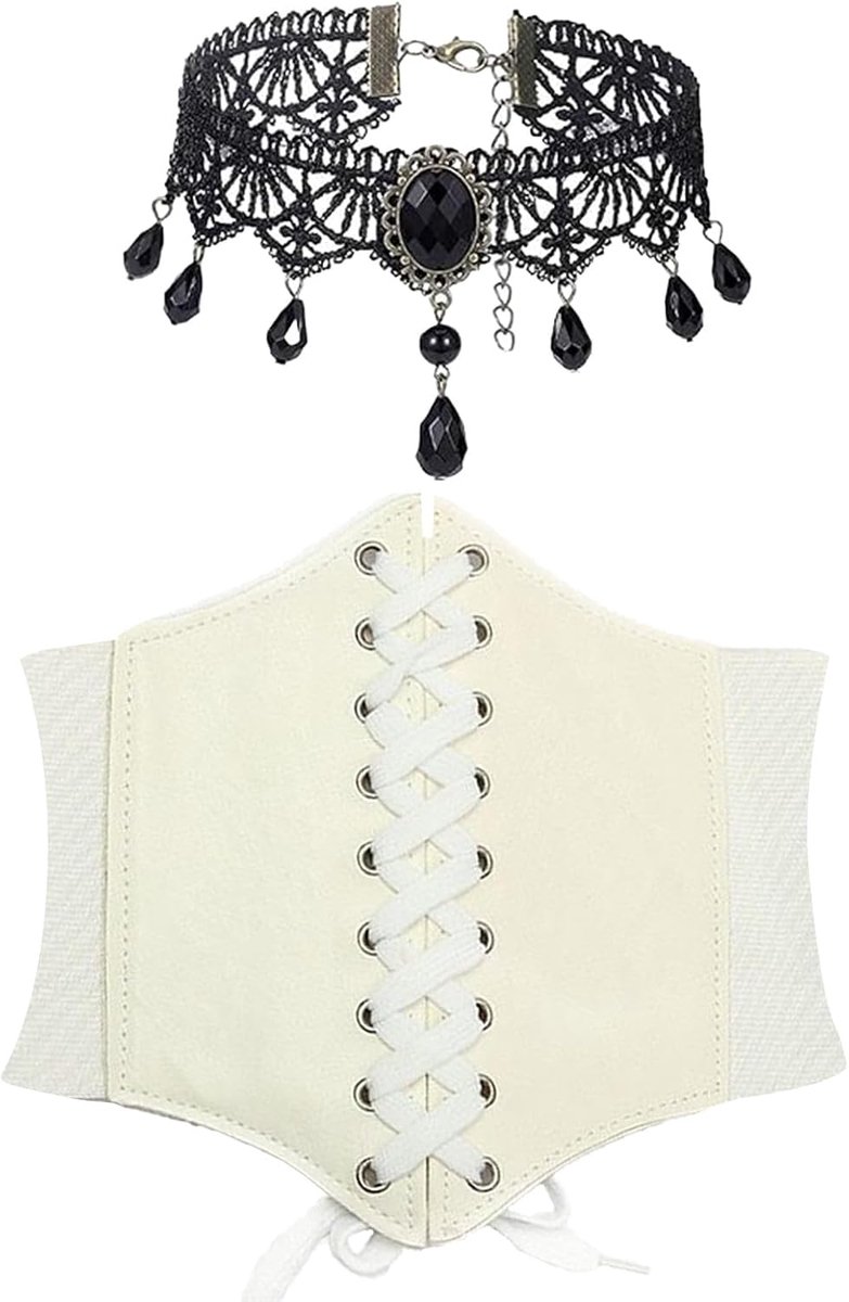 2 stuks korset voor dames, met 1 gothic sieraden, bruin, middeleeuwse kleding, dames, piratenkostuum, korset, riem, piratenkostuum, kanten choker