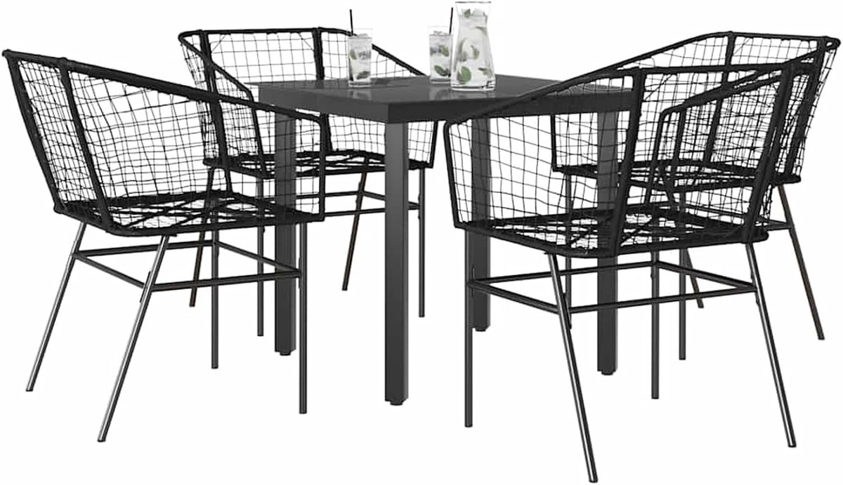 5-delige tuin-eetkamerset van zwart polyrotan glas eetgroep zitgroep outdoor tuinmeubelen set voor terras balkon restaurant