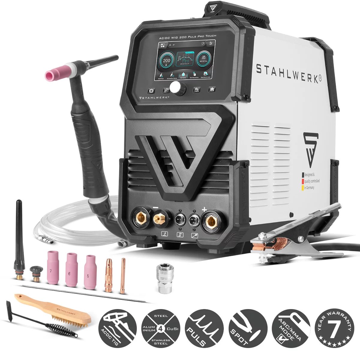 STAHLWERK AC/DC TIG 200 Puls Pro Touch | IGBT-omvormer met 200 A | ARC/MMA-functie | werkgeheugen | puls- en puntfunctie geschikt voor aluminium en dun plaatstaal