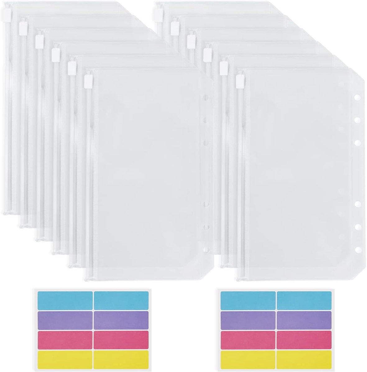 12 stuks geldenveloppen, A6 ringmappen 6 gaten, PVC ritsmappen, waterdichte rits, losse bladzakken met labelstickers voor rekening, geld, geldkaarten