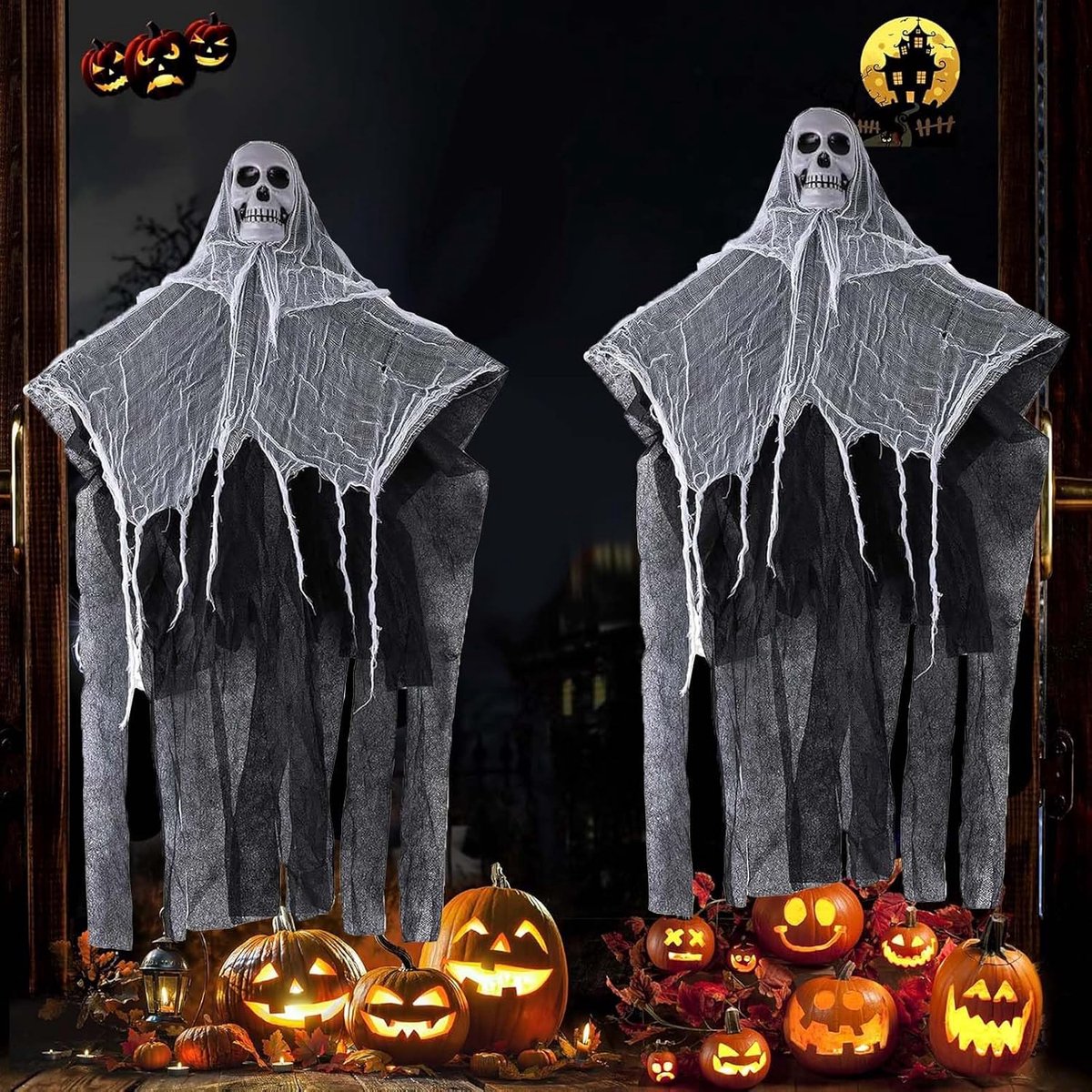 2 stuks Halloween-schedeldecoratie, spookdecoratie creëert een Halloween-horrorsfeer, voor thuis, woonkamer, hal, tuin (60 cm x 85 cm)