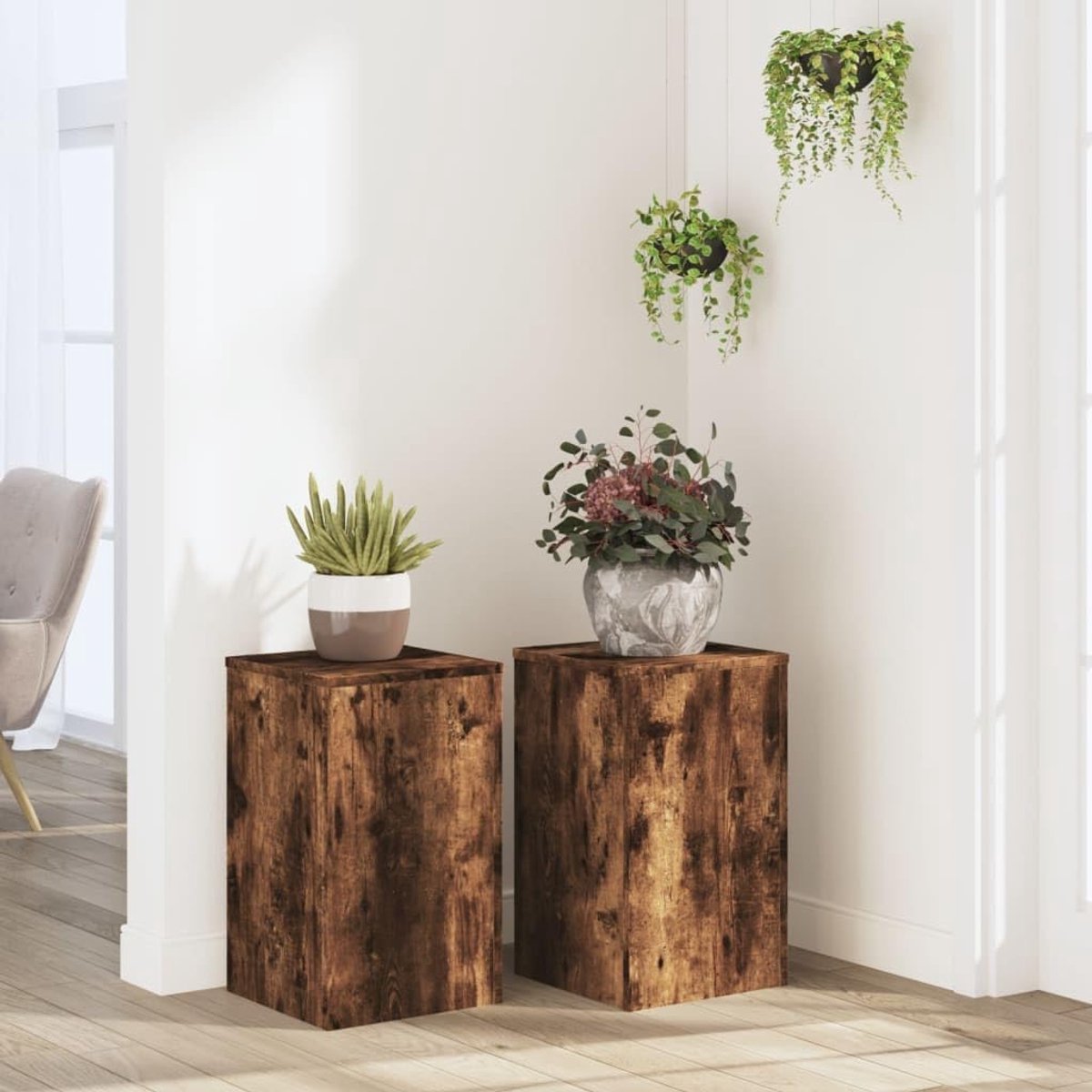 2 stuks, rookeiken, 30 x 30 x 50 cm, plantenbak van houtmateriaal met stabiele bovenplaat, holle constructie voor zandvulling, tijdloos design, eenvoudige reiniging
