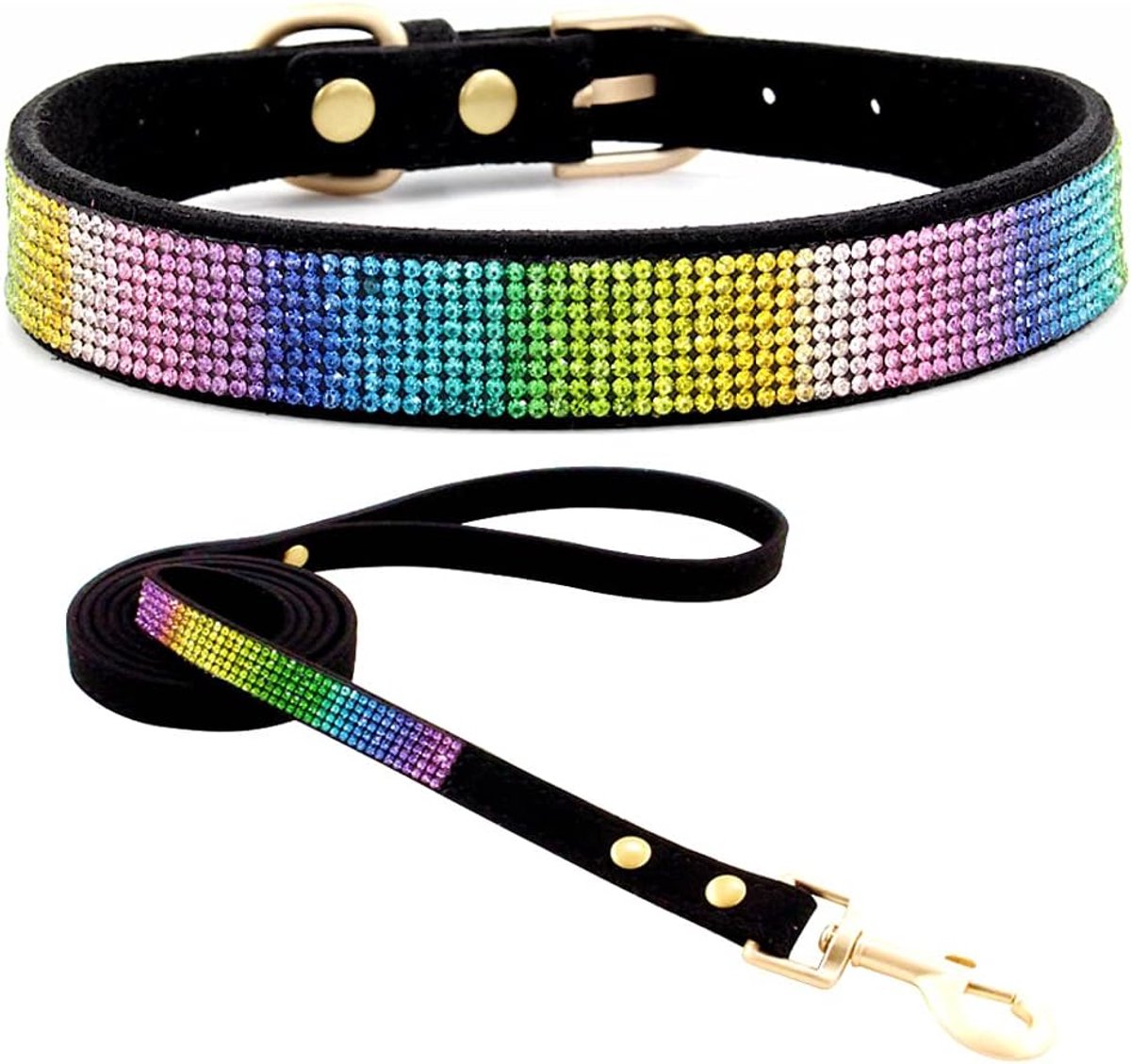 Oogverblindend, sprankelend, elegant, chique, zacht suède, bling strass kristal, juwelen huisdier / kat / hond / puppy halsband, hondenriem, combo set (L, Zwart-2)