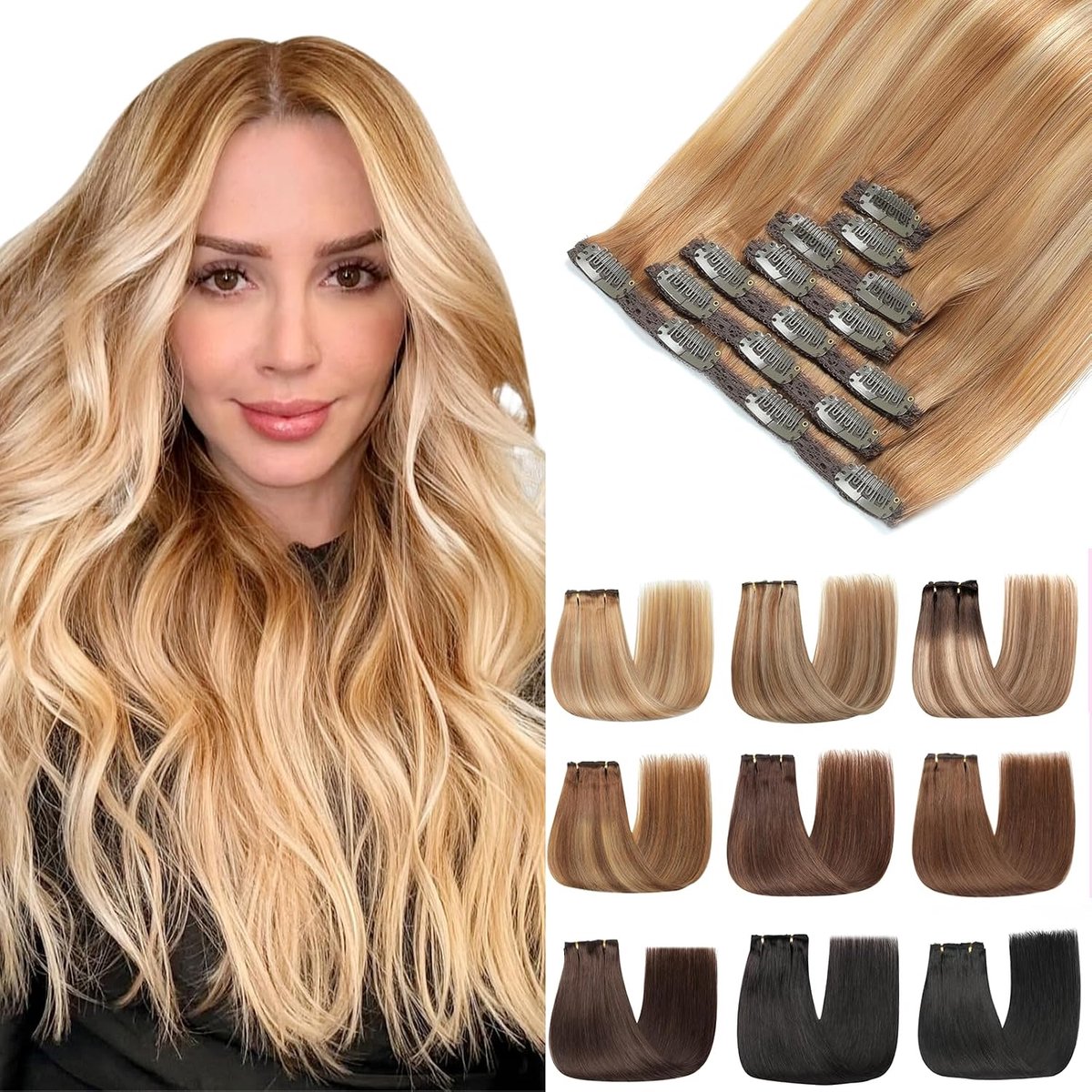 Clip In Hair Extensions 7 Pieces 120g 50cm Straight Human Hair Extensions Light Brown with Golden Blonde (20Inch, 10/10/22#)