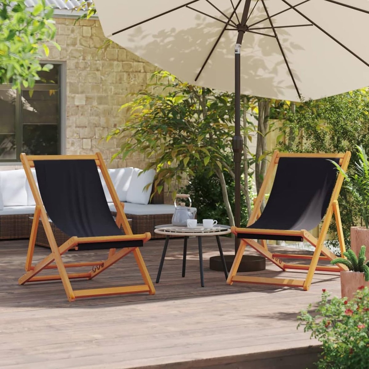 Opvouwbare strandstoelen, 2 stuks, zwarte stof, opvouwbare ligstoel tuinligstoel, campingstoel, relaxstoel voor strand, tuin, zwembad, festival, 3214497