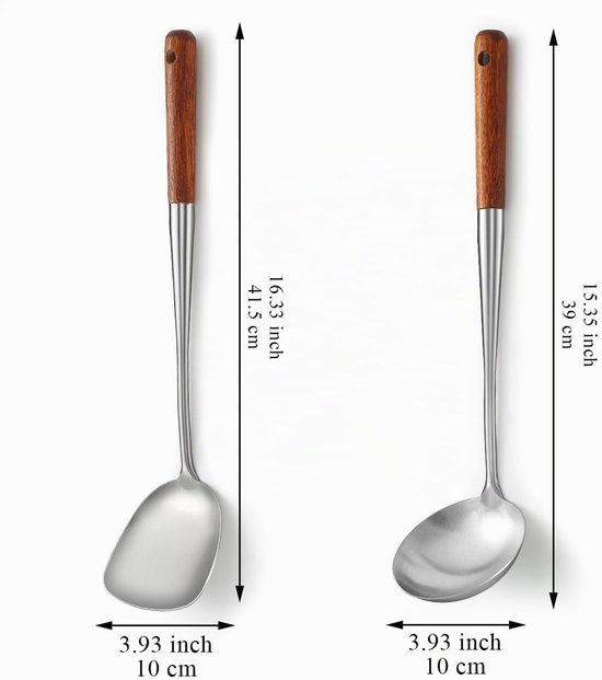 Spatel Set 43cm, RVS Wok Gereedschap met Houten Handvat Hittebestendig, Metalen Spatel en Pollepel, Hoogwaardige Keuken Kookgerei Sets, Wok Accessoires — afbeelding 2