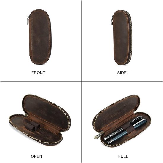 FAMILY Lederen pennenetui met 2 sleuven, briefpapier etui voor 2 pennen, ovaal lederen vulpenetui (koffiebruin), Koffie, Vintage — afbeelding 3