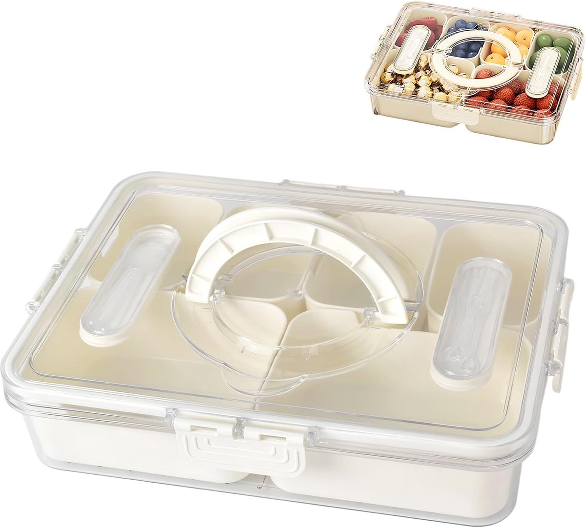 Snackbox met 6 compartimenten met deksel en handvat - transparante BPA-vrije voedselopslagcontainer (28 x 21 x 6,5 cm) | Lekvrij en vaatwasmachinebestendig | Draagbare verdeelde lade voor kantoor