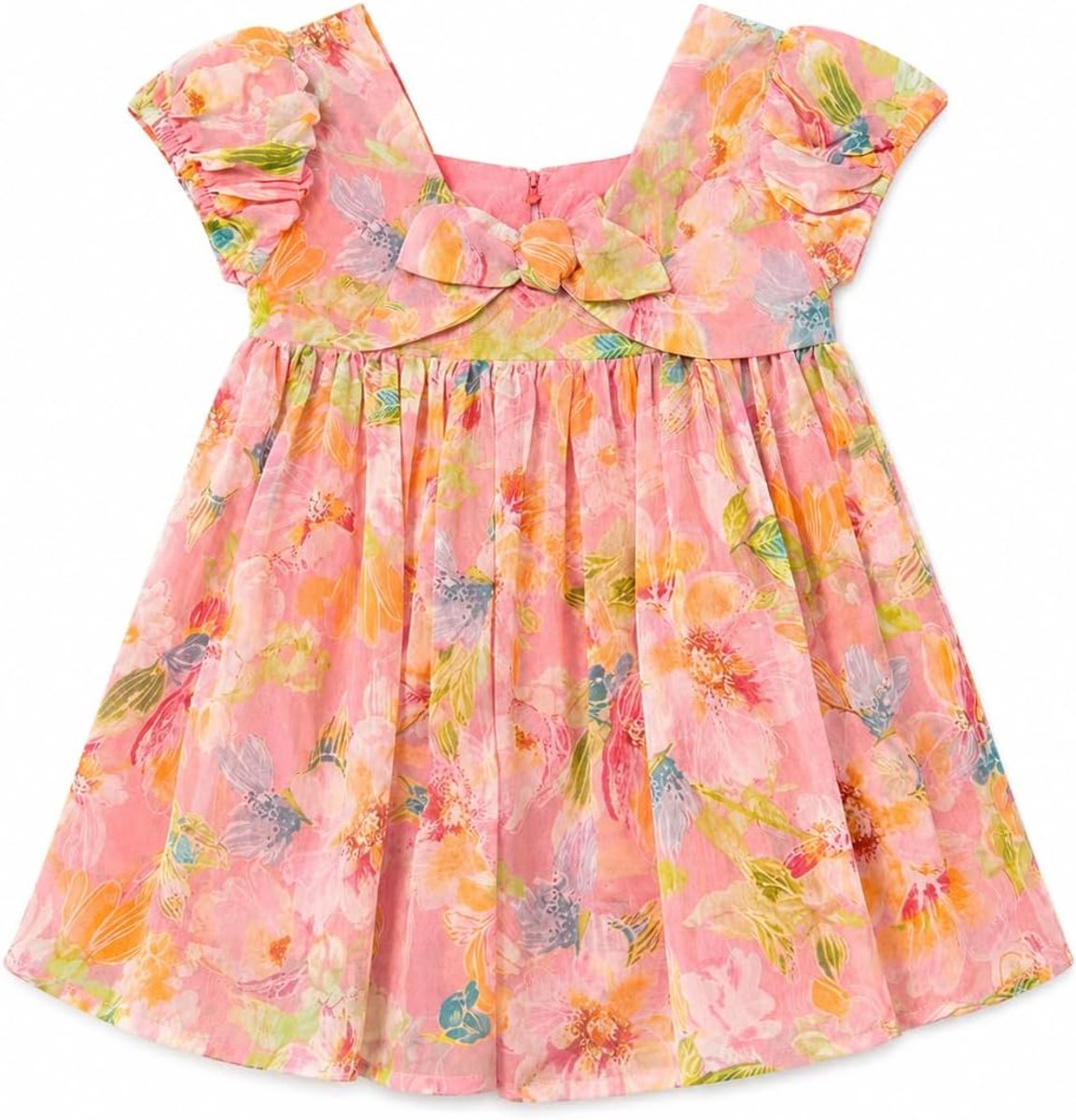 Zomerjurk voor meisjes, bloemenjurk van chiffon met strik, ruches, elegant en licht, ideaal voor ceremonies, verjaardagen en speciale gelegenheden, 1984