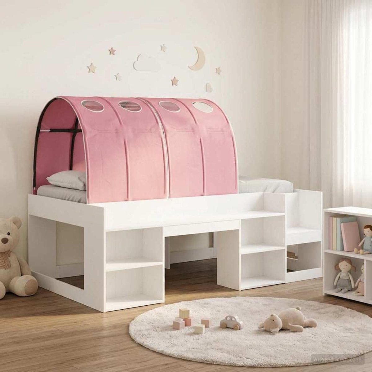 Hout minimalistische tunnel met polyester details Wit en roze