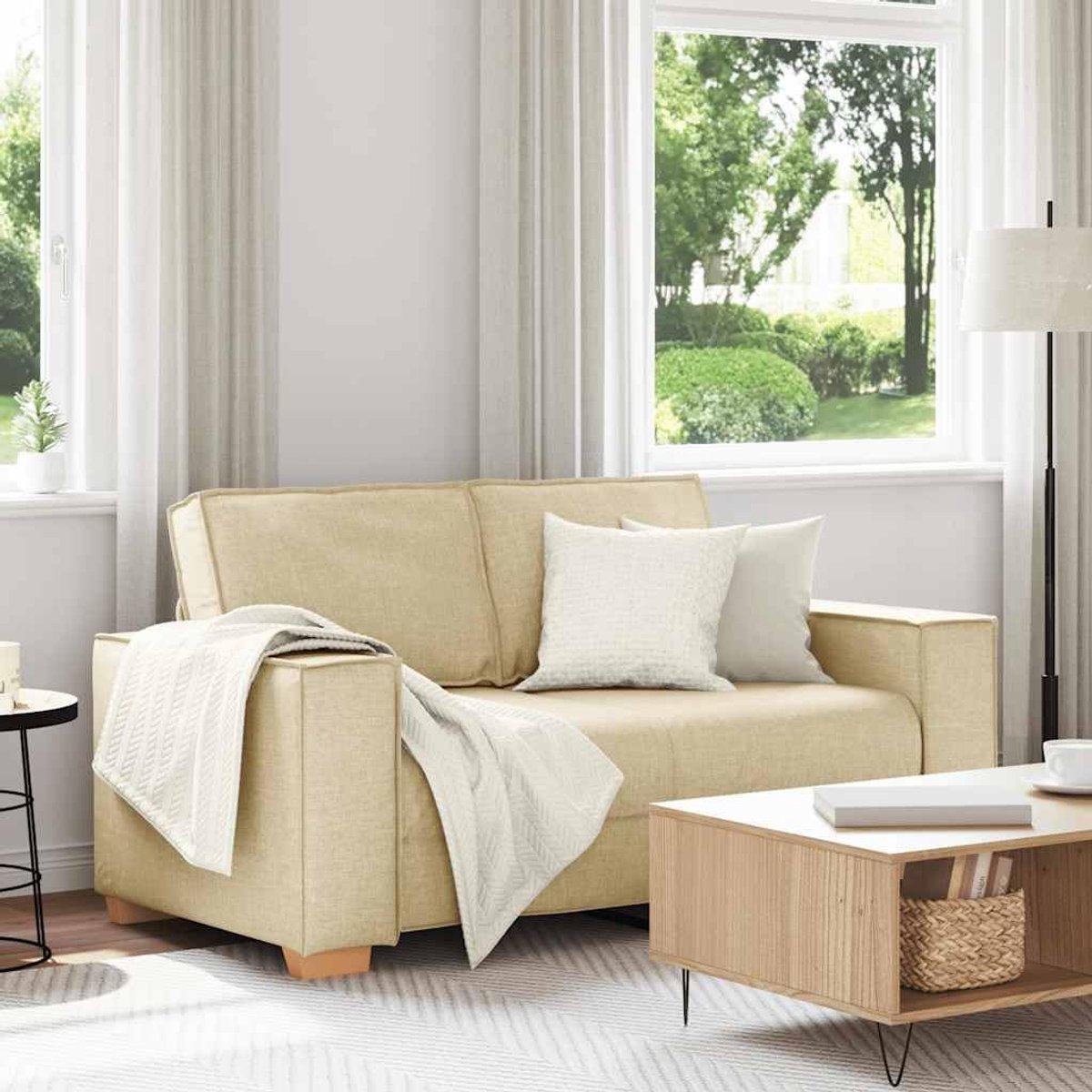 2-zitsbank, crème, 160 x 78 x 84 cm, stoffen zitmeubelen voor personen met brede armleuningen en stevig houten metalen frame, voor woonkamer en kantoor