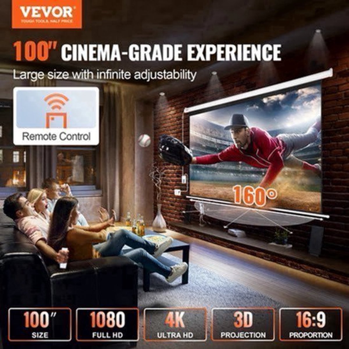 Vevor - Beamer Scherm - Projector Screen - Projector Scherm - Projector Doek - Projector Scherm voor Beamer - 100in - 16:9 - Home Cinema Thuisbioscoop - Draagbare Beamer - Tripods