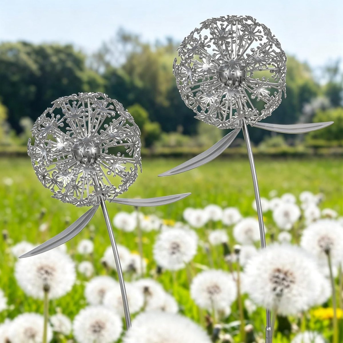 paardenbloem tuinsteker, set van 2, paardenbloem, draadstandbeeld, zilveren tuindecoratie van weerbestendig metaal, 33 cm hoog, paardenbloemdecoratie voor balkon, terras en bloembed