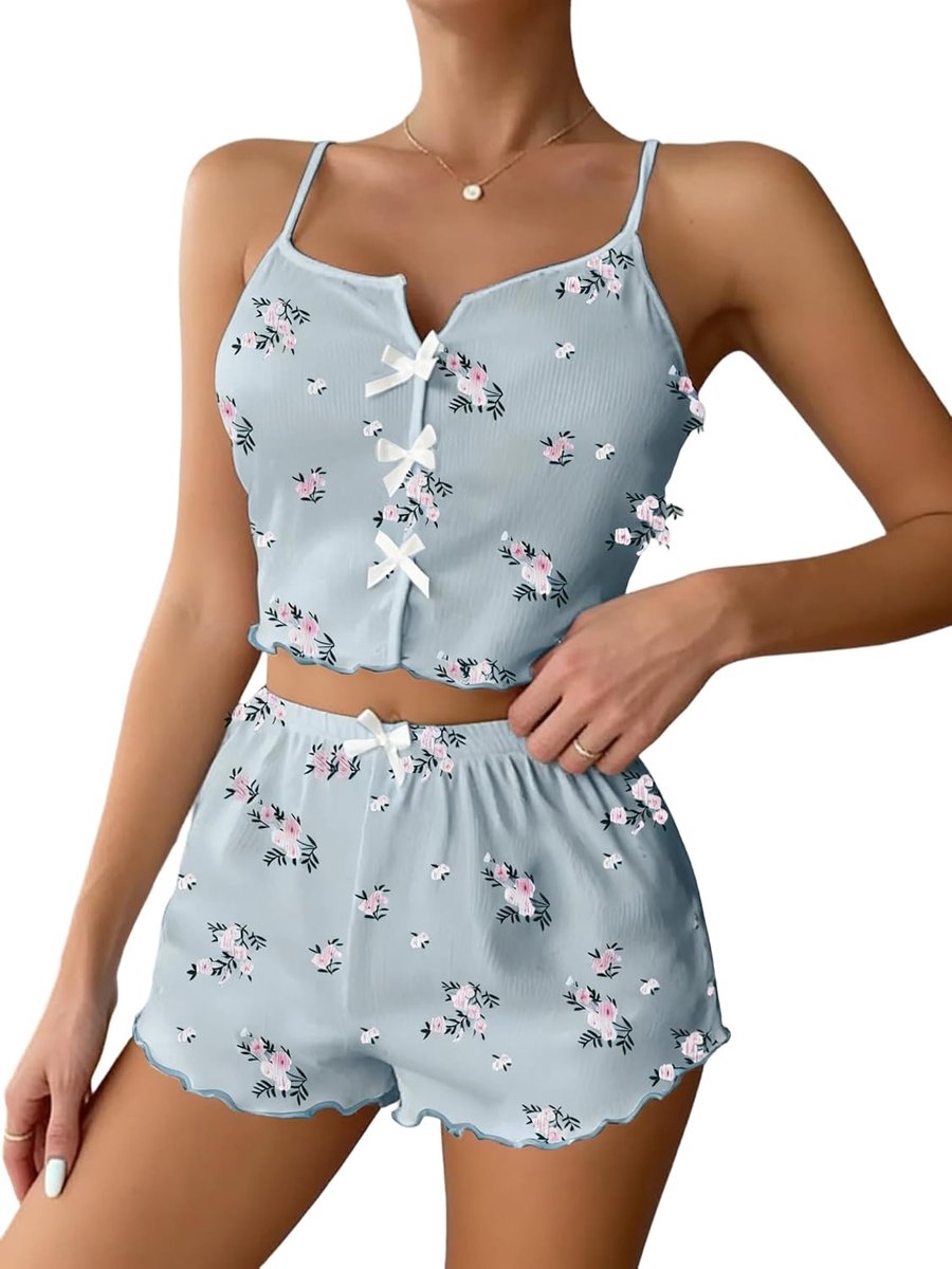 Zomerpyjamaset voor dames, 2-delige set met bloemenprint, ronde hals, strik, mouwloze cami-tops + shorts, sexy Y2K mouwloze nachtkleding pyjamaset zachte loungewear nachtkleding rekbare