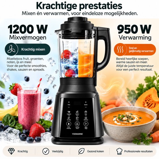 Multifunctionele Soepmaker & Blender - 1.75 Liter - 1200W - 8 Programma’s - Glazen Kan - Verwarmings- & Schoonmaak Functie van KitchenBrothers — afbeelding 5