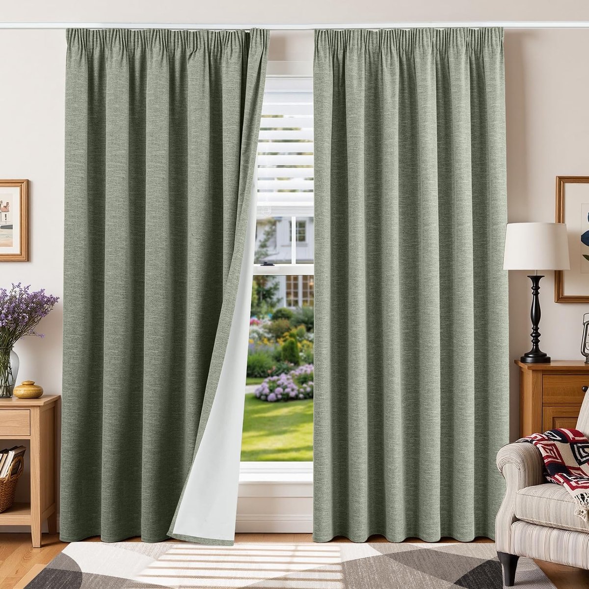 100% verduisterend gordijn met plooiband, warmte-isolerend, tegen kou, 2 stuks, 200 x 200 cm (l x h), linnen, voor rail, slaapkamer, woonkamer, huis, tegen hitte, lawaai, saliegroen