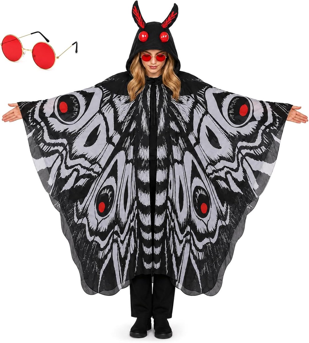vlinderkostuum mottenkostuum capuchon cape met bril cosplay mottenvleugels outfit volwassenen voor Halloween party carnaval maskerfeest