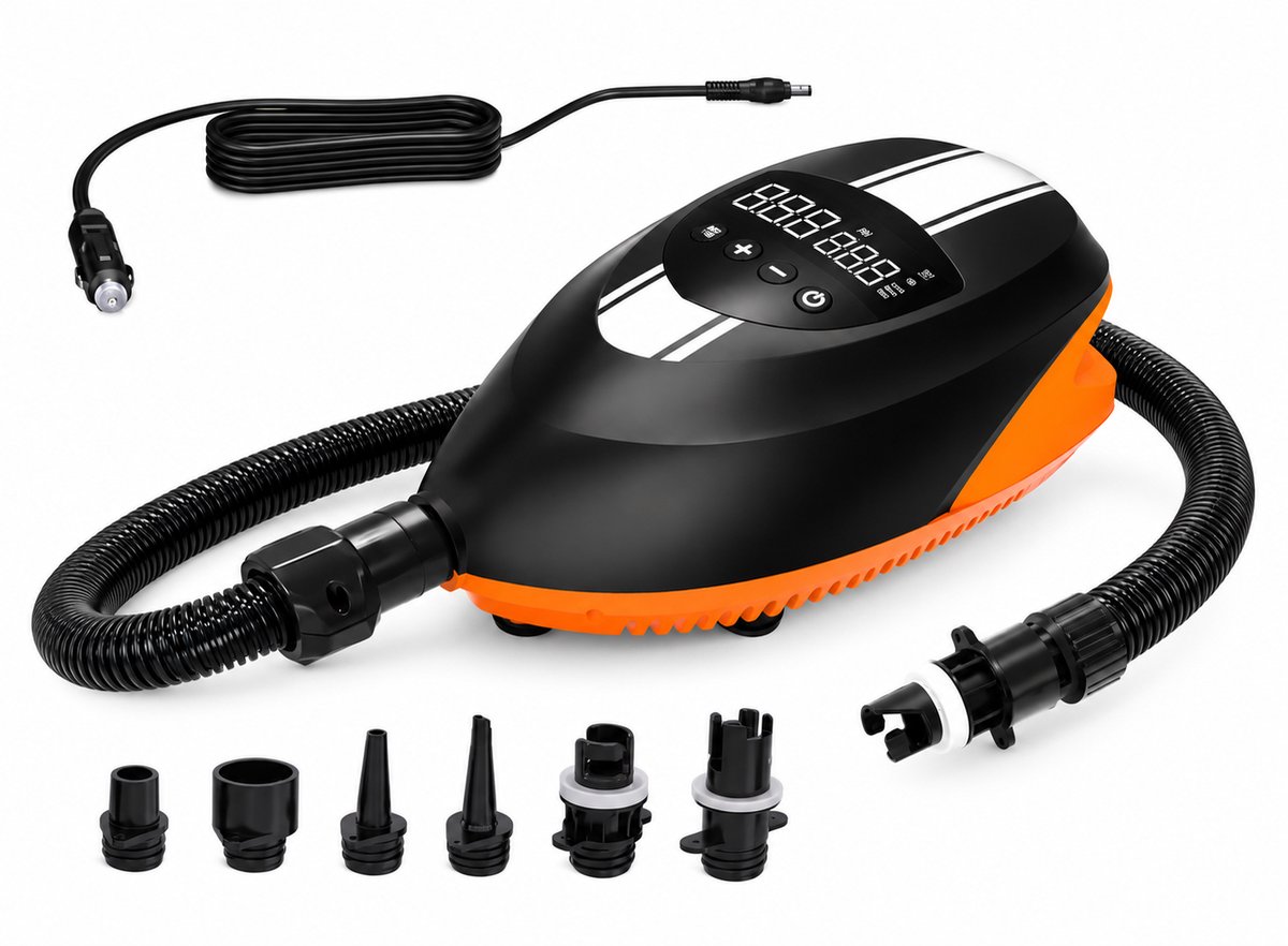 COIL Elektrische SUP Pomp met Accu 5000 mAh – 20 PSI – 80 l/min – 130 W – Digitale Display – Auto-Stop – 6 Adapters – 12 V
