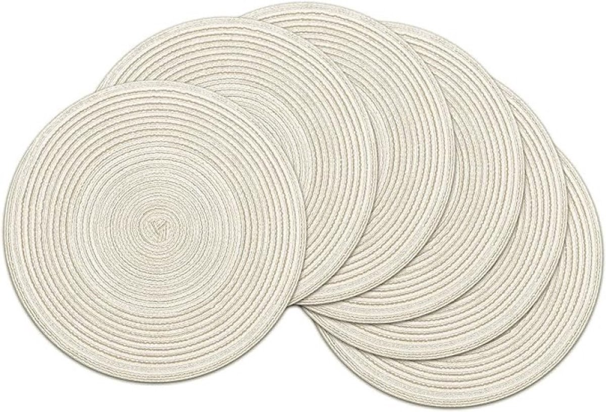 Livatto Set van 6 Ronde Placemats - Gevlochten Katoen - Crème Wit - 38 cm - Afwasbaar - Voor Eettafel & Buiten