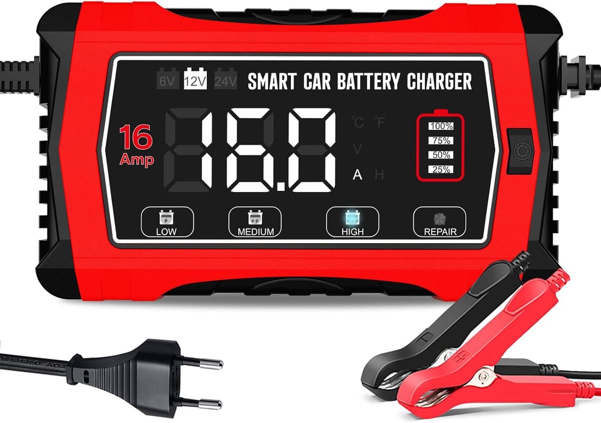 16A Acculader, 6V/12V/24V Lader voor Loodzuur (AGM/Gel/SLA/EFB) en LiFePO4 Accu's, Automatische Intelligente 10-Traps Druppellader met LCD-scherm voor Auto, Motor en Meer