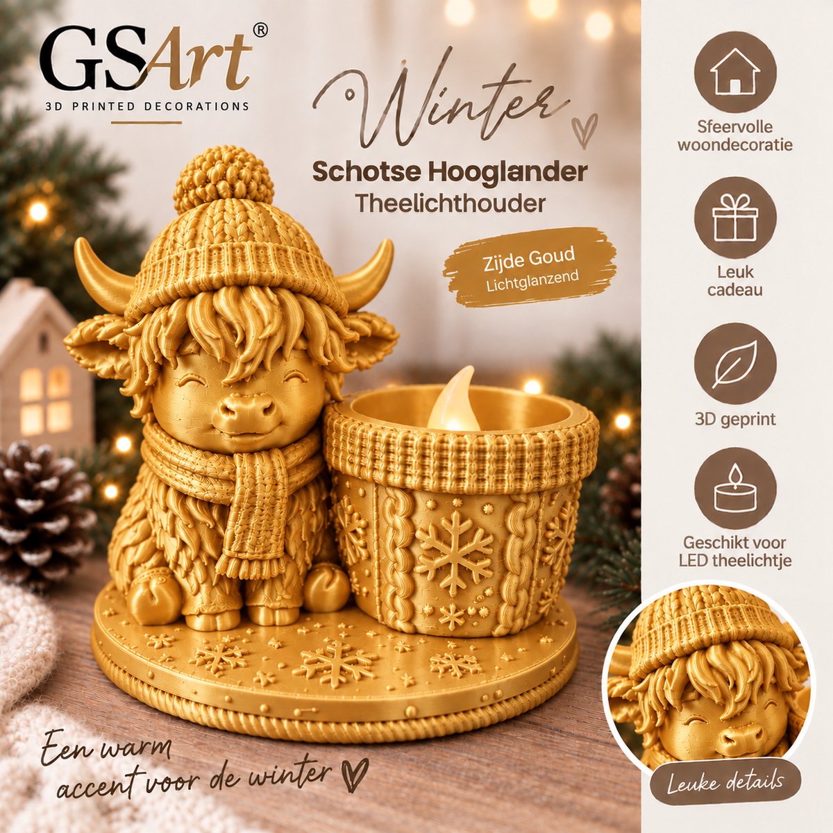 GSArt Theelichthouder Schotse Hooglander Winter – inclusief LED-kaarsje - Zijde Goud