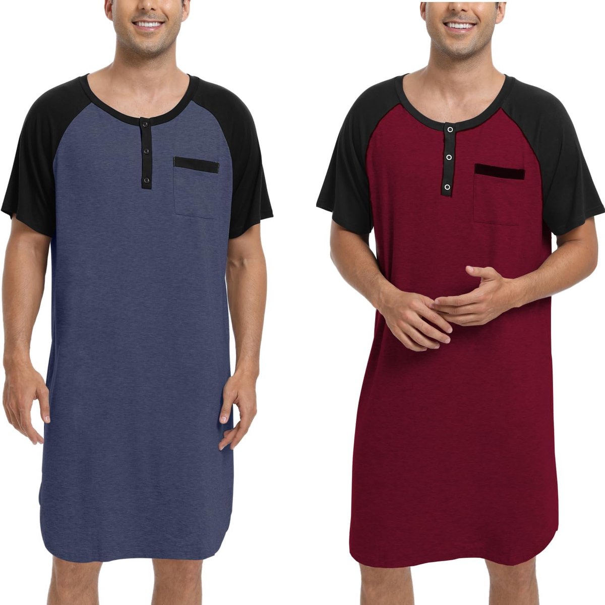 Nachthemd voor heren, pyjama-tops, T-shirt, knielang, V-hals, met knopen, korte mouwen, binnenkleding, zacht, comfortabel, grote maat M-4XL