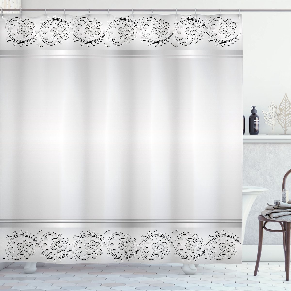 ABAKUHAUS Silber Douchegordijn, Klassiek Brautblumenmotiv, Stoffen Badkamerdecoratieset met Haken, 175 x 200 cm, Wit en Grijs