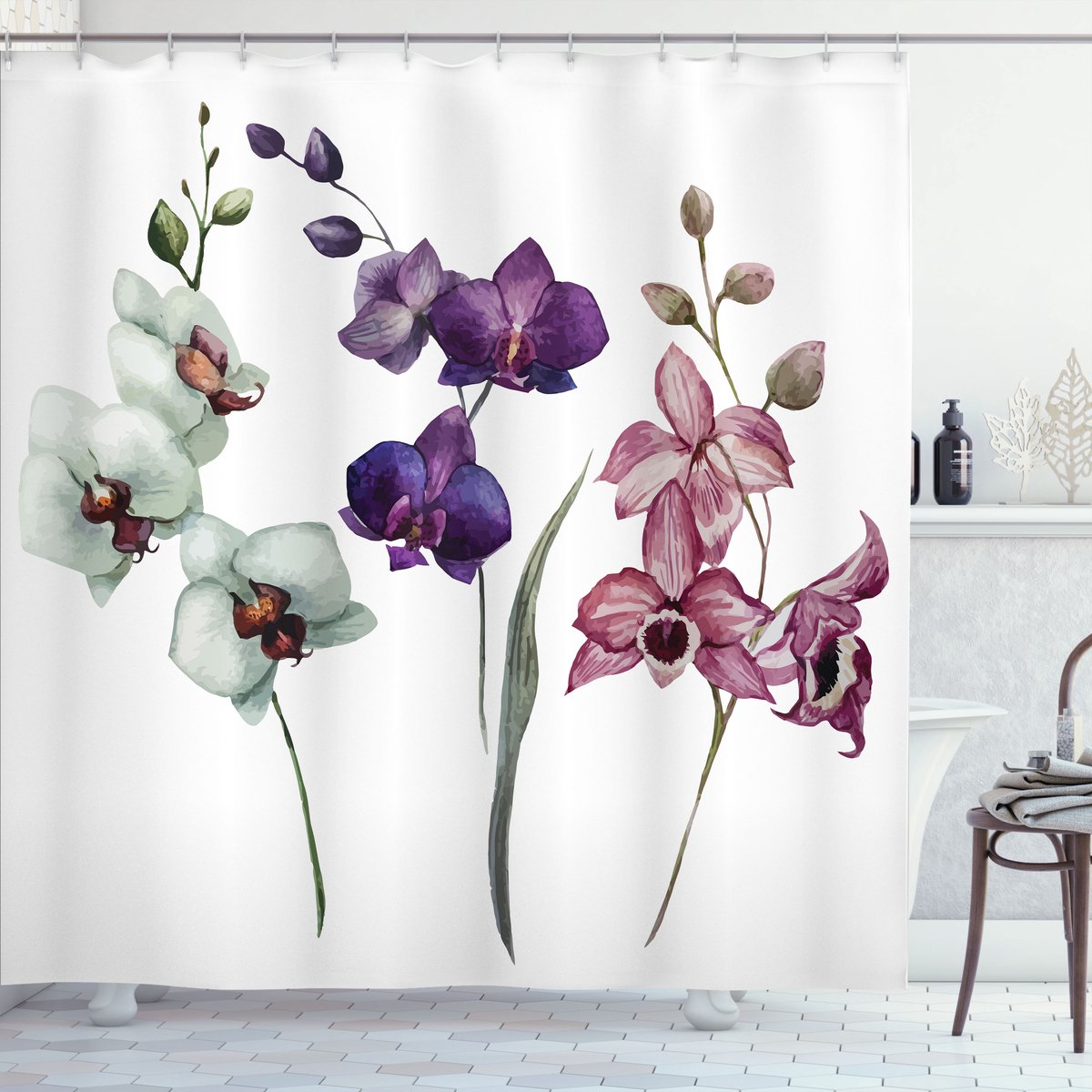 ABAKUHAUS Aquarel Douchegordijn, blühend Umwelt, Stoffen Badkamerdecoratieset met Haken, 175 x 220 cm, Crème Violet Getrocknete Rozen