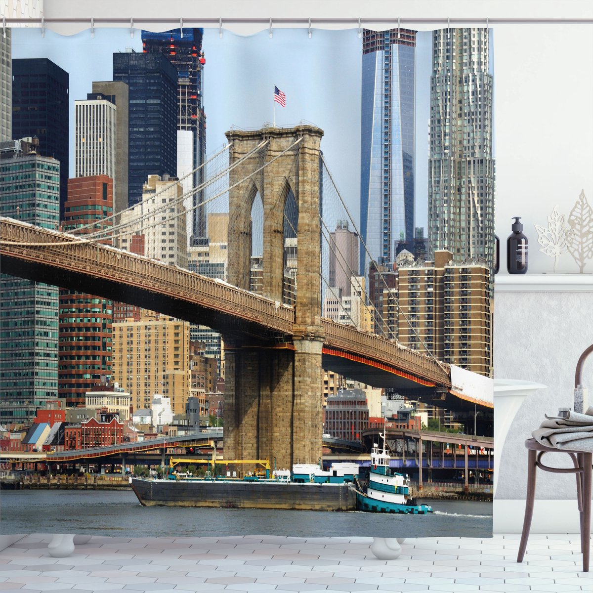 ABAKUHAUS Städtisch Douchegordijn, Skyline van Brooklyn NYC, Stoffen Badkamerdecoratieset met Haken, 175 x 200 cm, Meerkleurig