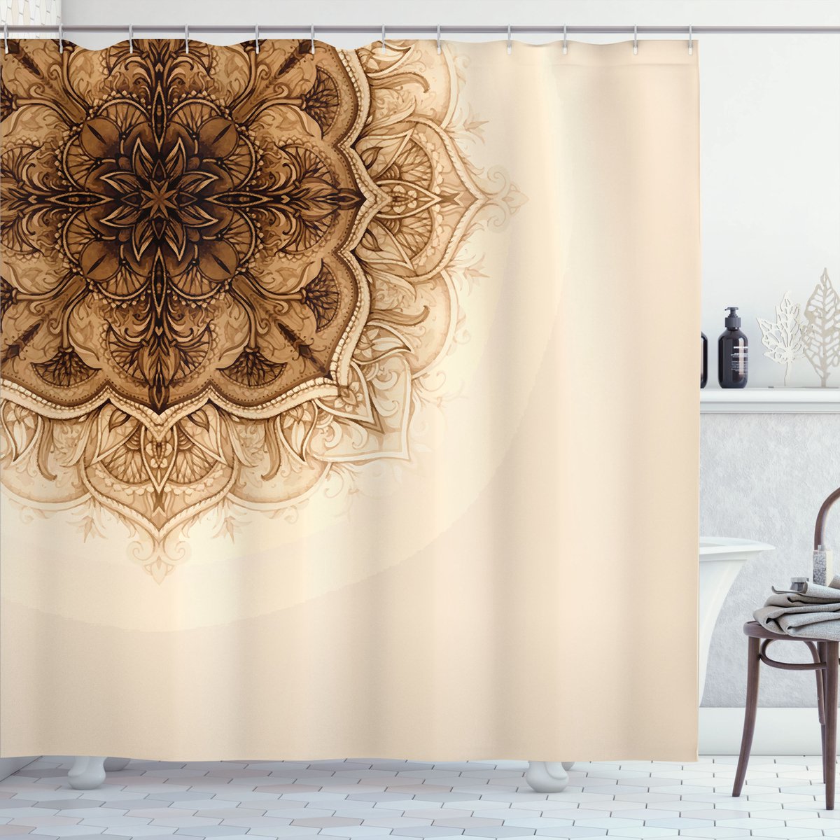 ABAKUHAUS Henna Douchegordijn, Oriëntaals Mandala Illustratie, Stoffen Badkamerdecoratieset met Haken, 175 x 180 cm, Bruin Lichtbruin
