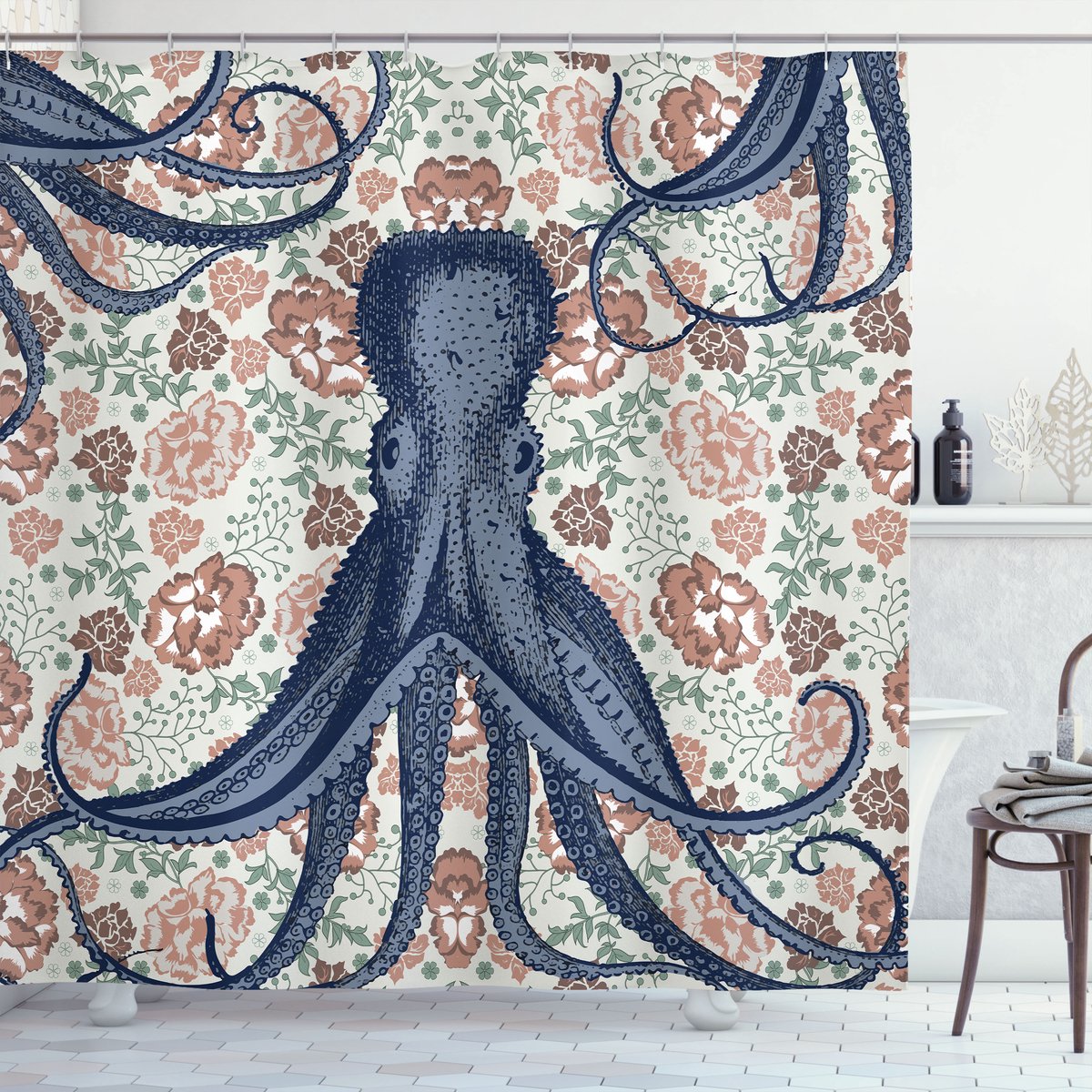 ABAKUHAUS Tintenfisch Douchegordijn, Dier op de Retro Bloemen, Stoffen Badkamerdecoratieset met Haken, 175 x 200 cm, Meerkleurig