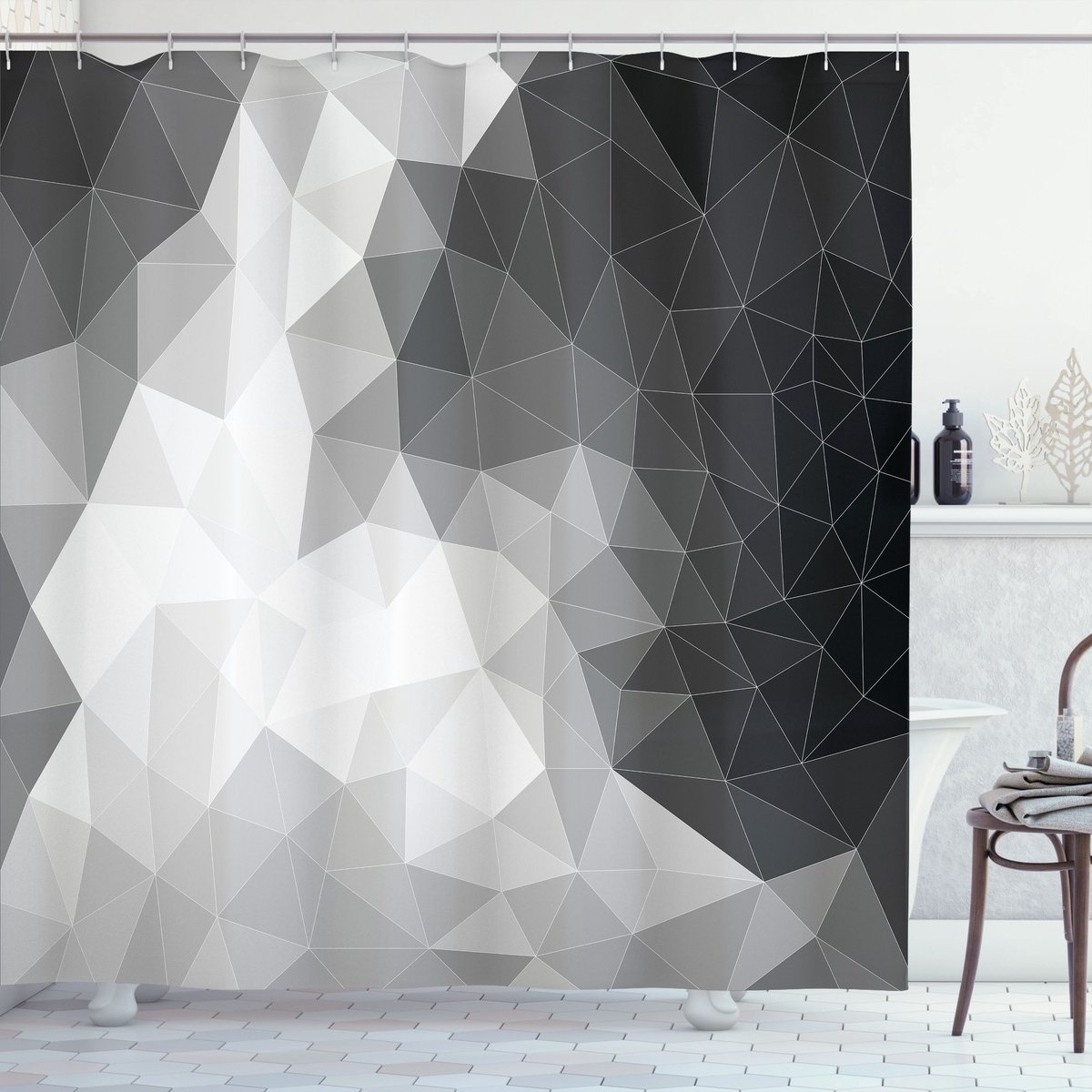 ABAKUHAUS Zwart en Grijs Douchegordijn, Polygon Dreieck, Stoffen Badkamerdecoratieset met Haken, 175 x 200 cm, Zwart Licht Grijs