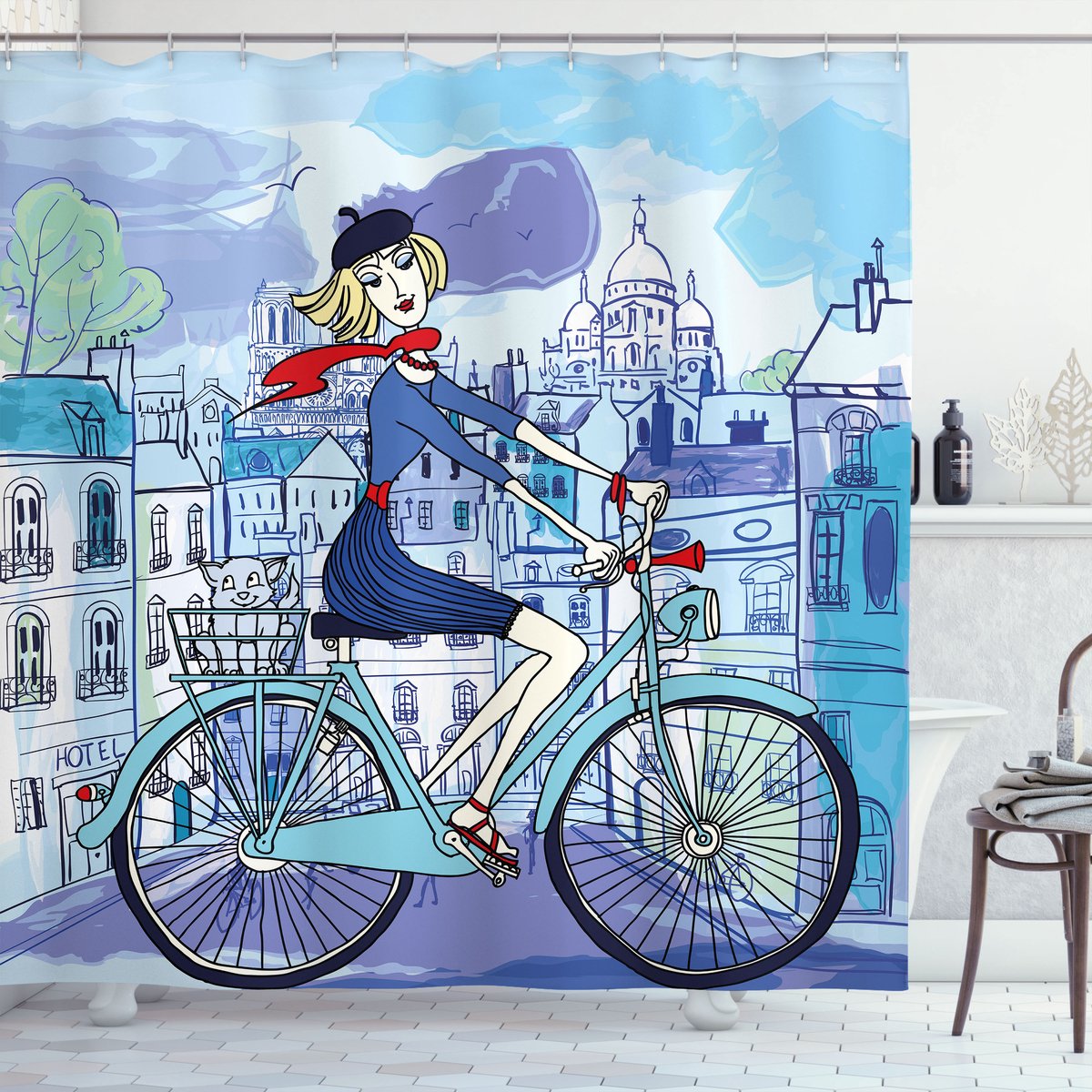 ABAKUHAUS Paris Douchegordijn, Vrouw op de Fahrrad met Kat, Stoffen Badkamerdecoratieset met Haken, 175 x 220 cm, Meerkleurig