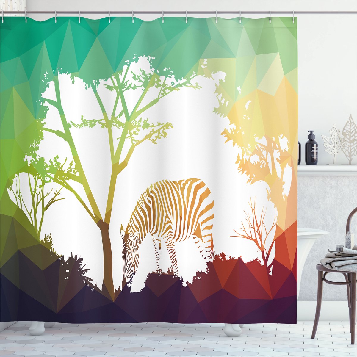 ABAKUHAUS Safari Douchegordijn, Vivid Safari Zebras, Stoffen Badkamerdecoratieset met Haken, 175 x 240 cm, Meerkleurig