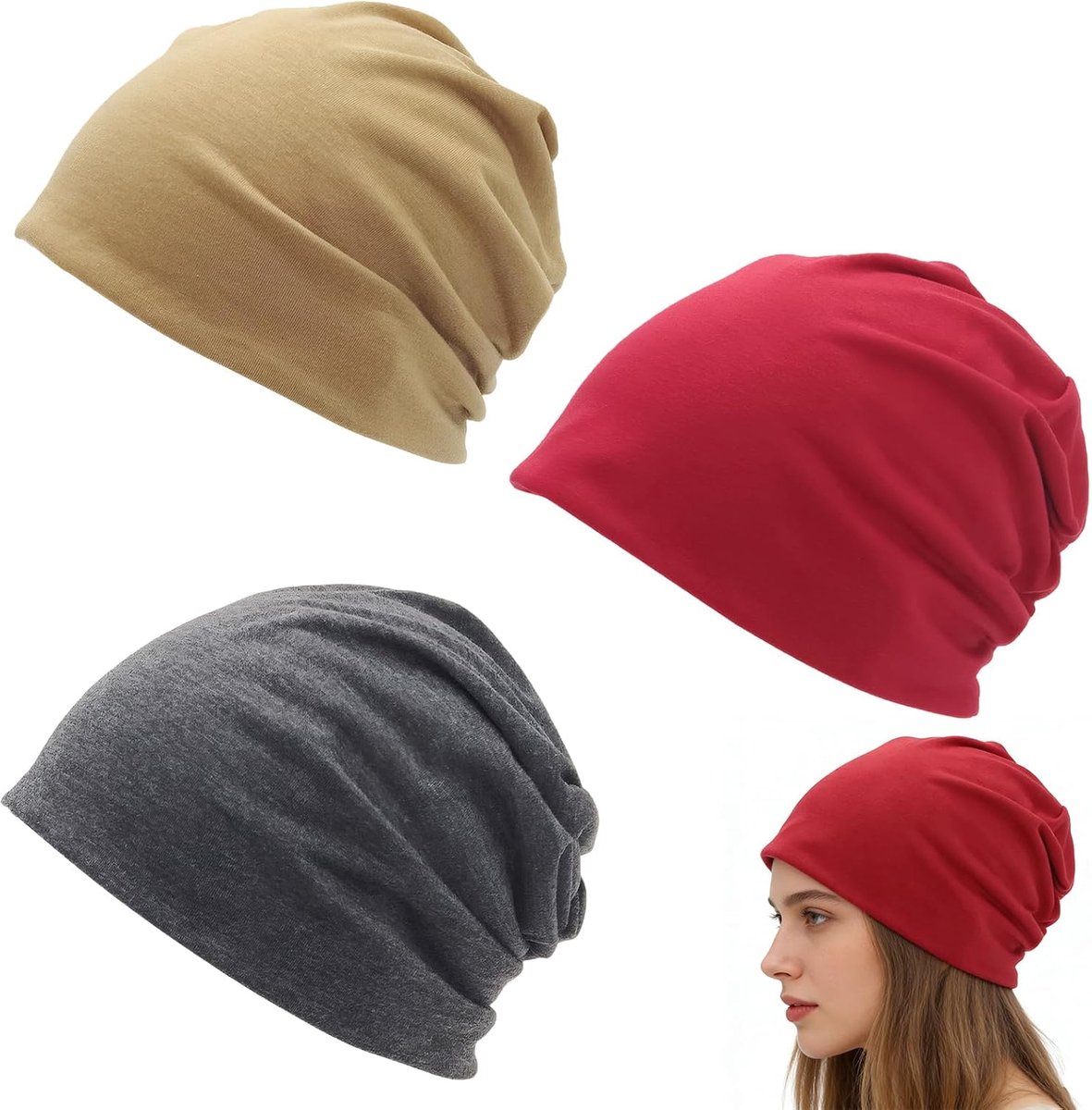 Set van 3 Hoeden voor Dames, Heren en Unisex – Zachte, Ademende Beanie Hoeden in Donkergrijs, Khaki en Bordeau, Perfect voor Lente, Zomer, Herfst en Winter