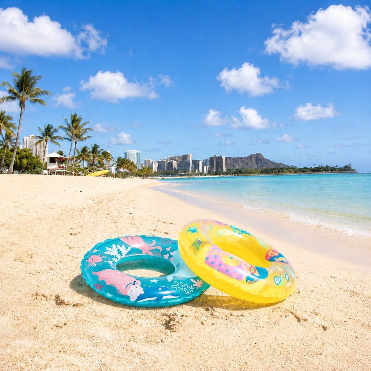 Zwemband, opblaasbare zwemband met oceaanmotief in geel, compacte premium waterstoel, zwemeiland voor zomer, strandvakantie en zwembadfeest, 61 cm