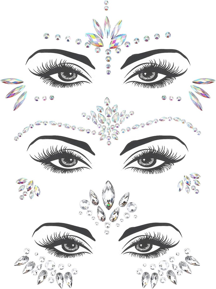 3 stuks glitterstenen voor het gezicht, festival, strasssteentjes, tijdelijke tatoeages, 3D-strassteentjes, zelfklevende strassteentjes voor carnaval, zomer, make-up, party, make-up