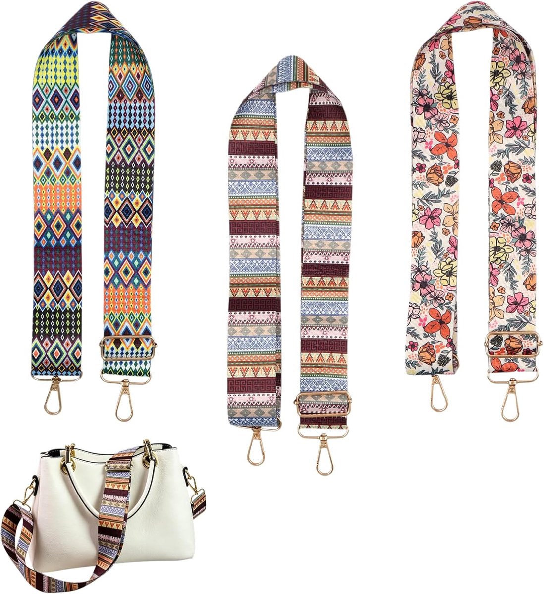 3 stuks verstelbare schoudertasriem, brede riem, meerkleurig, 3,8 cm, met karabijnhaak, 70-126 cm, vervangende schouderriem voor handtas, crossbody laptop