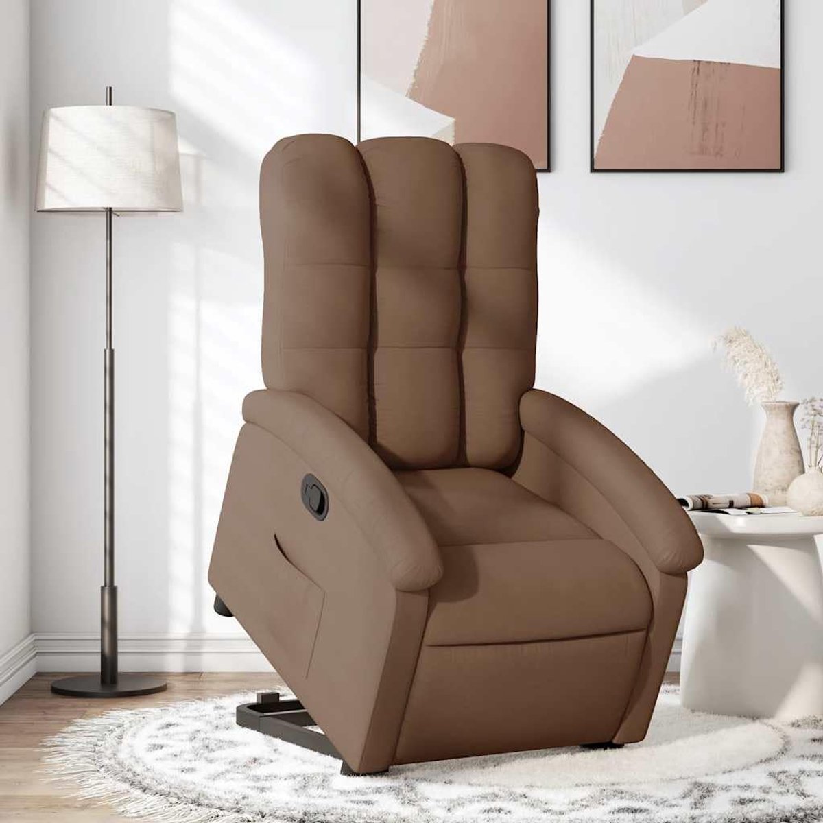 Relaxstoel met opstahulp bruin stof leesstoel met kruk voor kantoor slaapkamer
