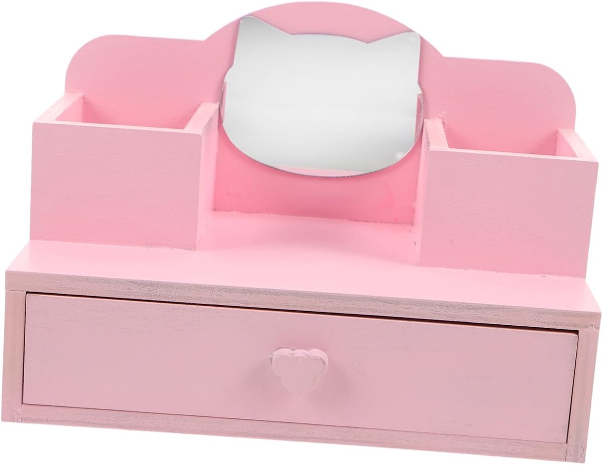 Miniatuur Poppenhuis Make-up Tafel van Stevig Hout met Verstelbare Spiegel Ruime Lades Roze Prinsessenstijl voor Poppenmeisjes Decoratie van Miniatuurkamers