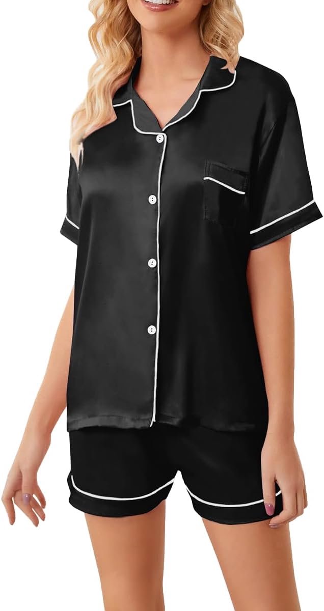 Pyjama voor dames, zomerset, 2-delige pyjamaset, kort pyjama-hemd met knopen op de revers, voor alle seizoenen