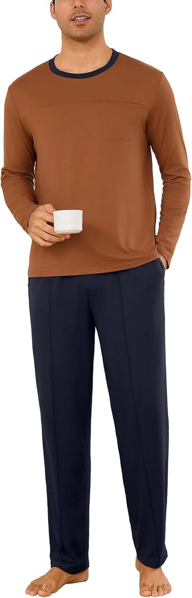 Pyjama voor heren, lang, met manchetten, contrasterende kleuren, katoenen pyjamaset, lange mouwen, nachtkleding, S-4XL