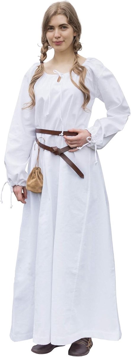 Middeleeuwse jurk Ana dames | Vikingkostuum lange mouwen vloerlang katoen | LARP gewaad, wit, rood, blauw, natuur