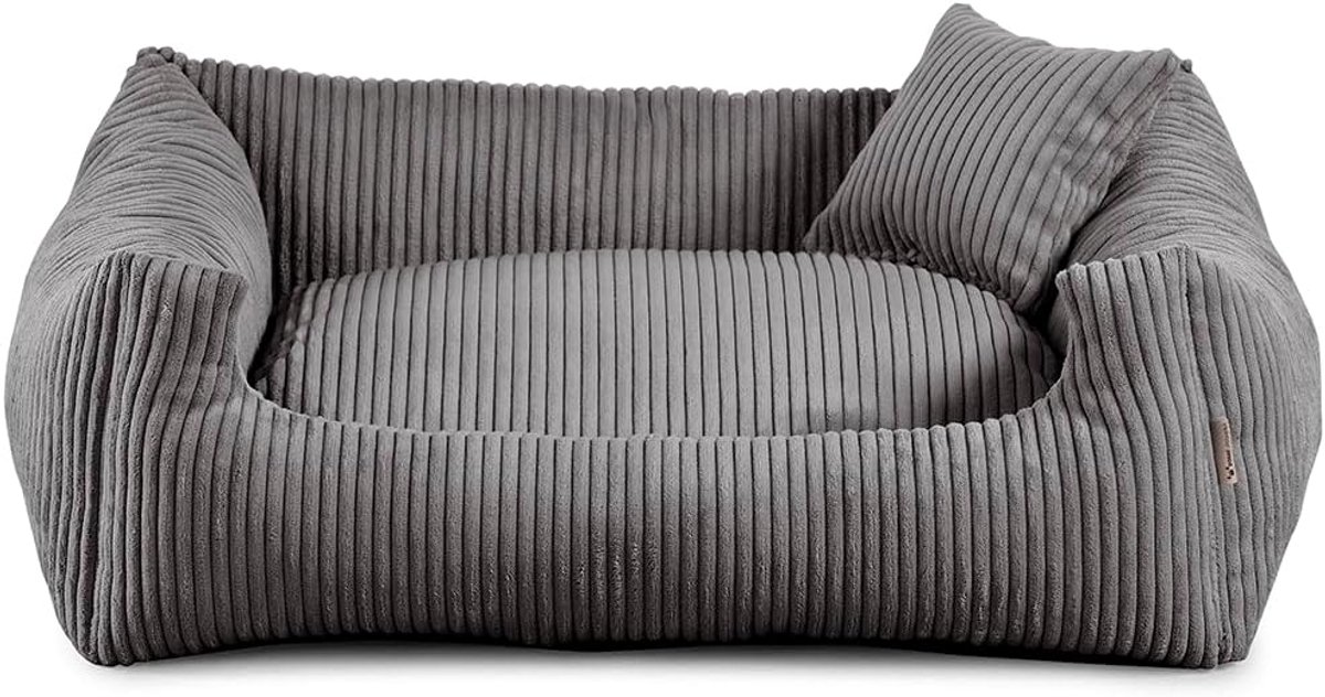 Hondenbed van zacht materiaal, gevuld met polyurethaanschuim, geribbeld materiaal, vuilafstotend, kleur en grootte naar keuze, klein kussen inbegrepen. (S - 65x55, Donkergrijs)